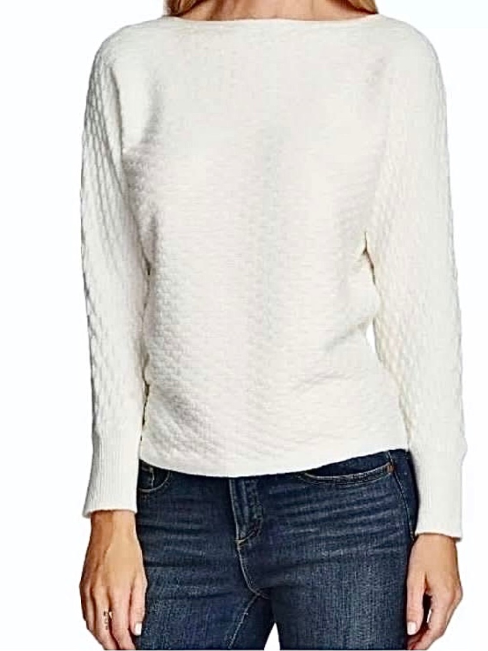 Vince Camuto White Basket Weave Boat Neck Sweater